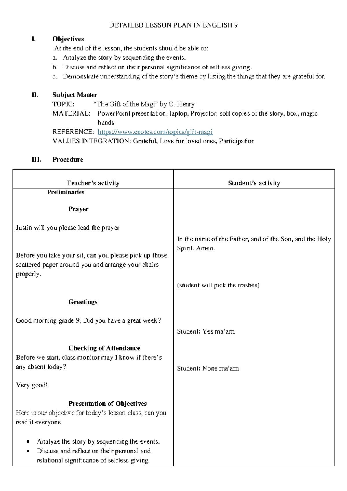 English 9 Detailed Lesson Plan: The Gift of the Magi Analysis - Studocu