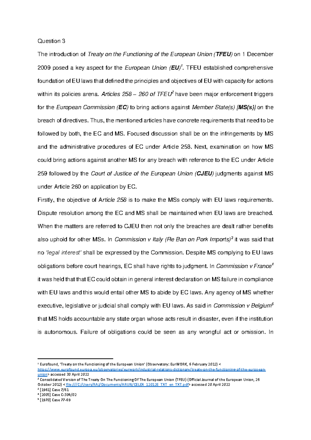 EU 1 - TFEU Articles 258-260: Infringements and Compliance Notes - Studocu