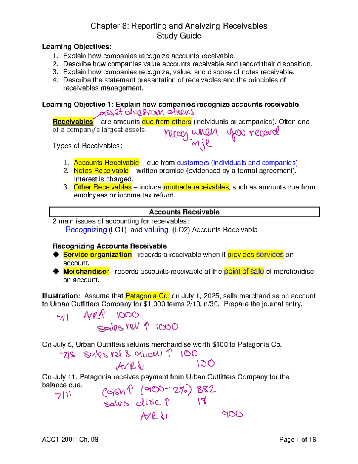 Study Guide for Chapter 8: Reporting & Analyzing Receivables (ACCT 2001 ...
