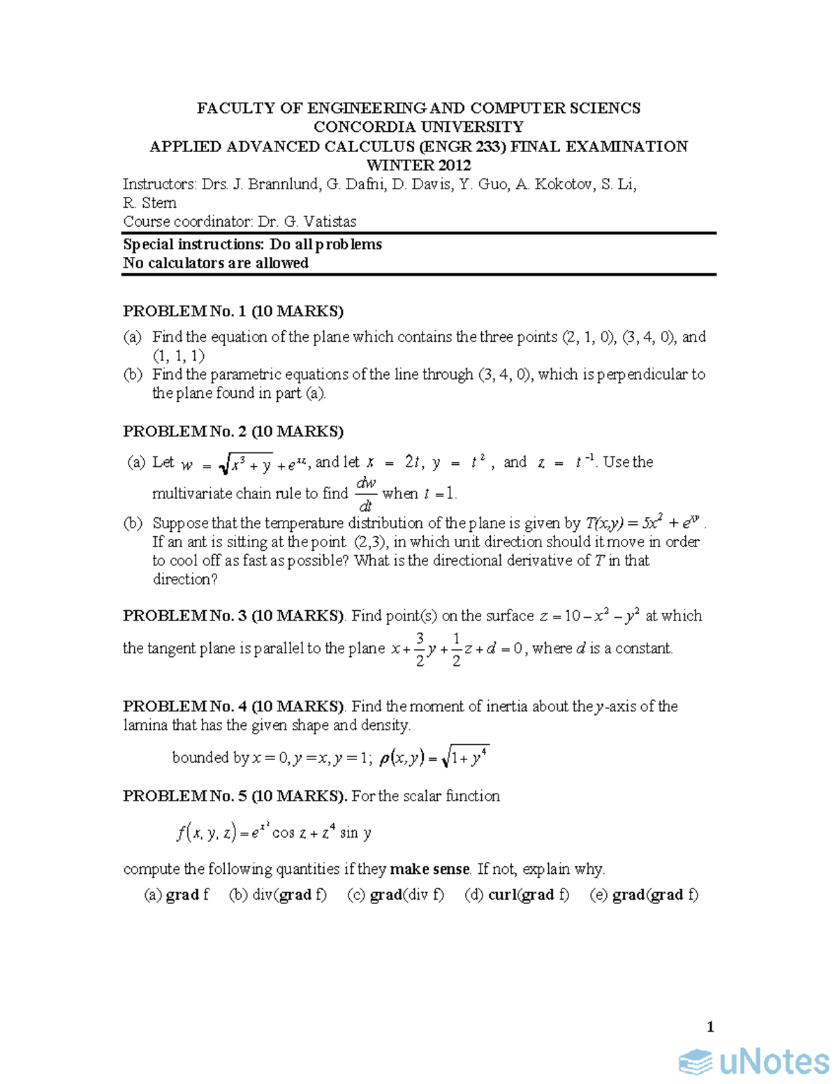 Engr 233 - Applied Advanced Calculus Final Exam Winter 2012 - Studocu