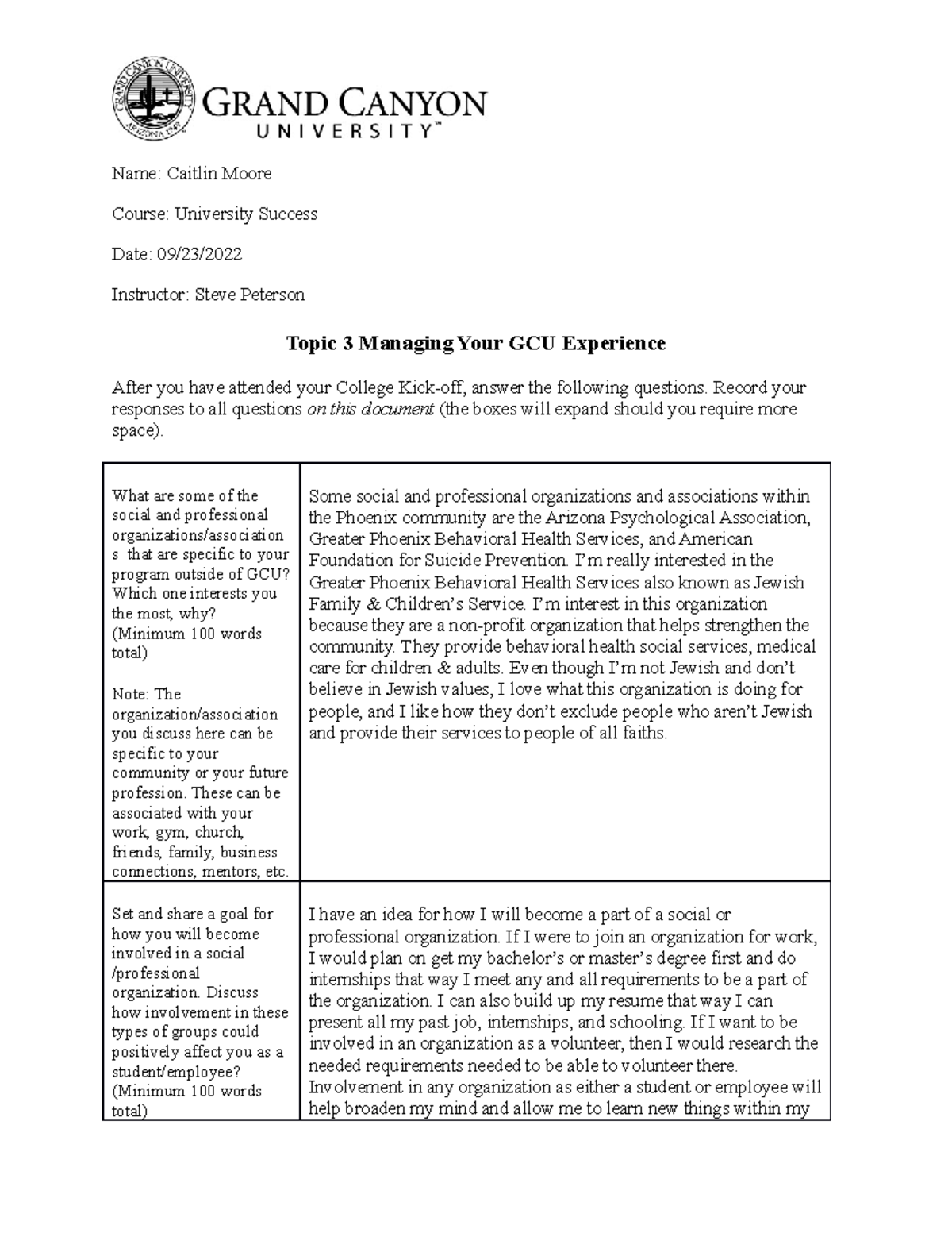 Managing Your GCU Experience - Record your responses to all questions ...