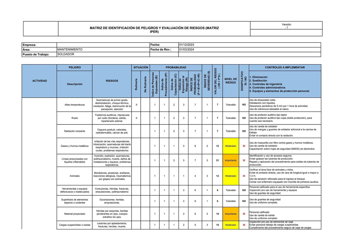 MATRIZ DE IDENTIFICACIÓN DE PELIGROS Y EVALUACIÓN DE RIESGOS (MATRIZ :1 ...
