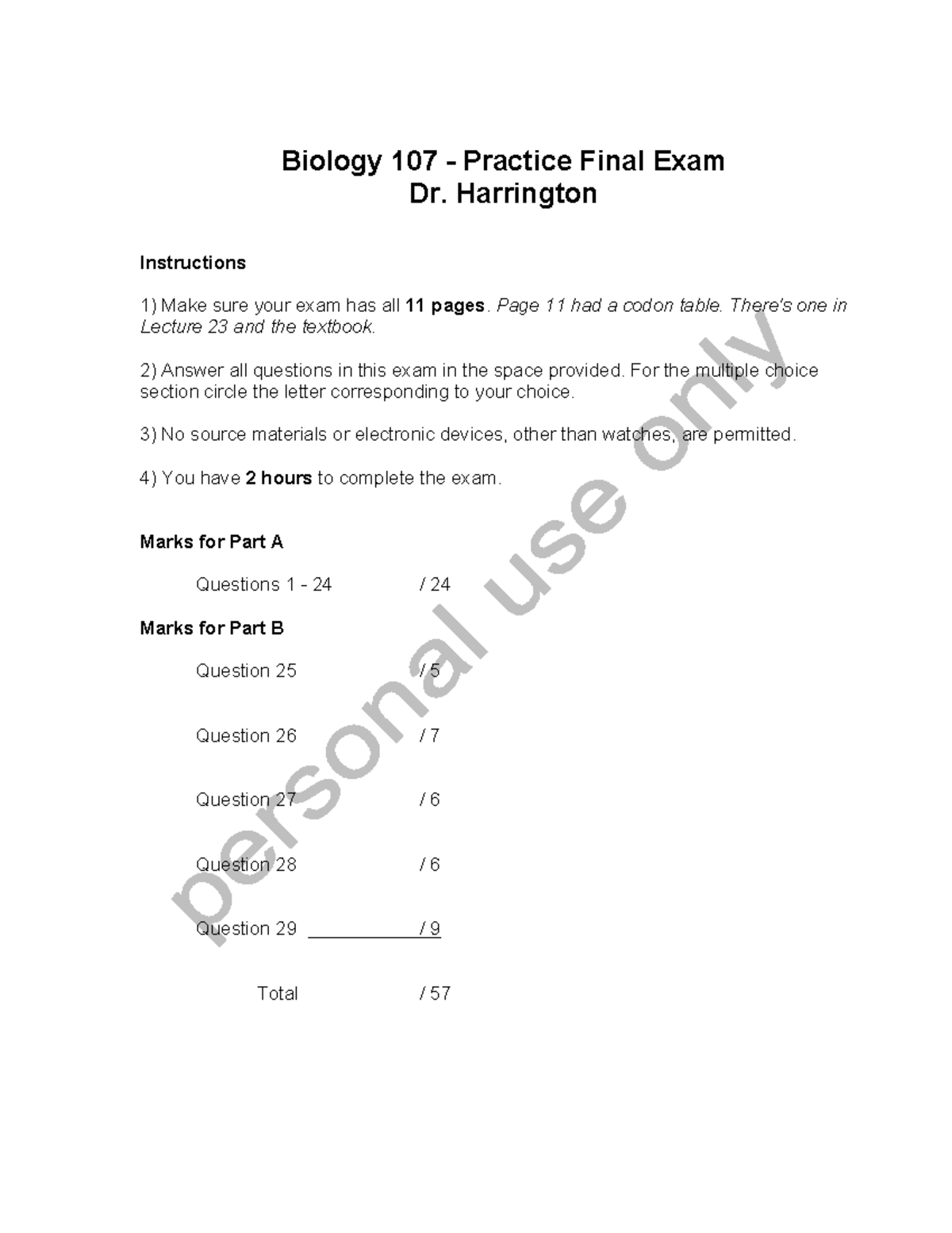 BIOL 107 Practice Final Exam Study Guide by Dr. Harrington - Studocu