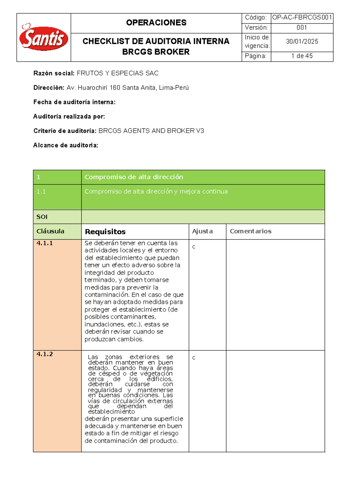 OP-AC- Fbrcgs 001 Checklist Brcgs Broker - OPERACIONES Versión: 001 ...