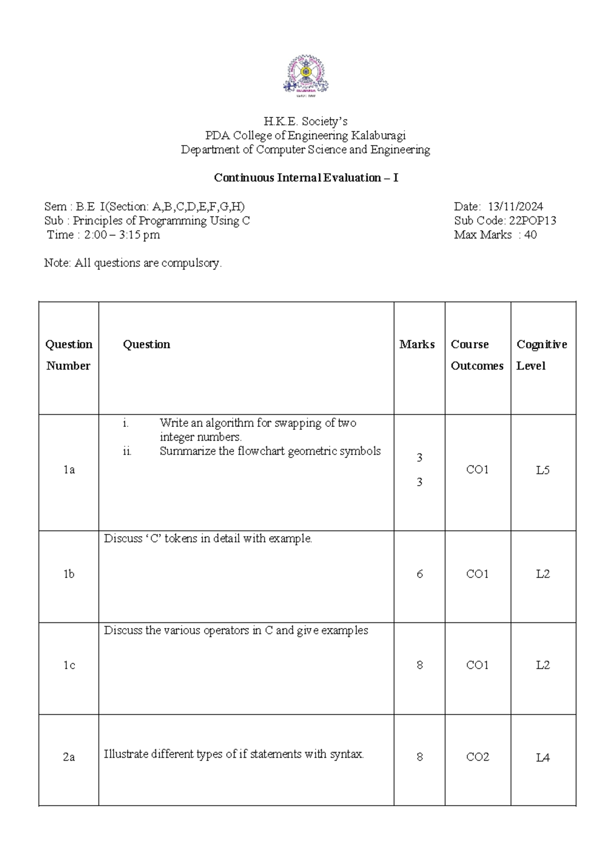 CIE-1 (22POP13) - Principles of Programming Using C Exam 2024 - Studocu