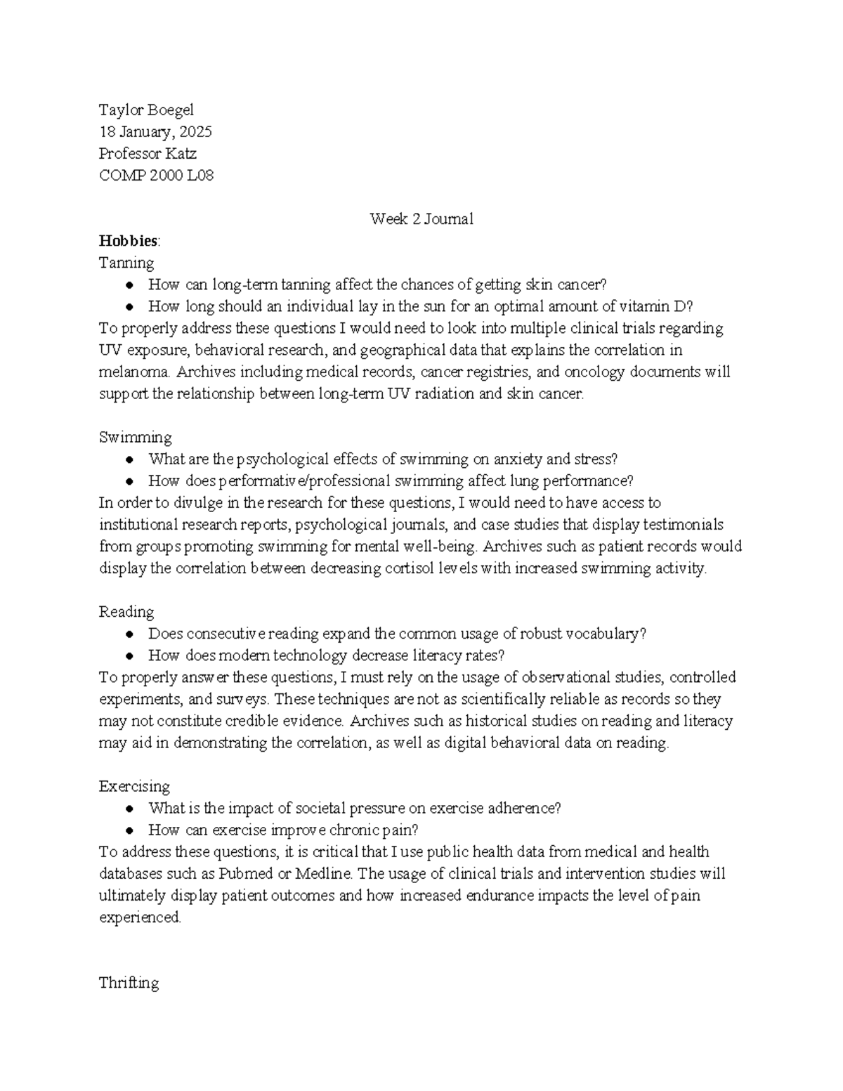 week 2 journal COMP - Taylor Boegel 18 January, 2025 Professor Katz ...