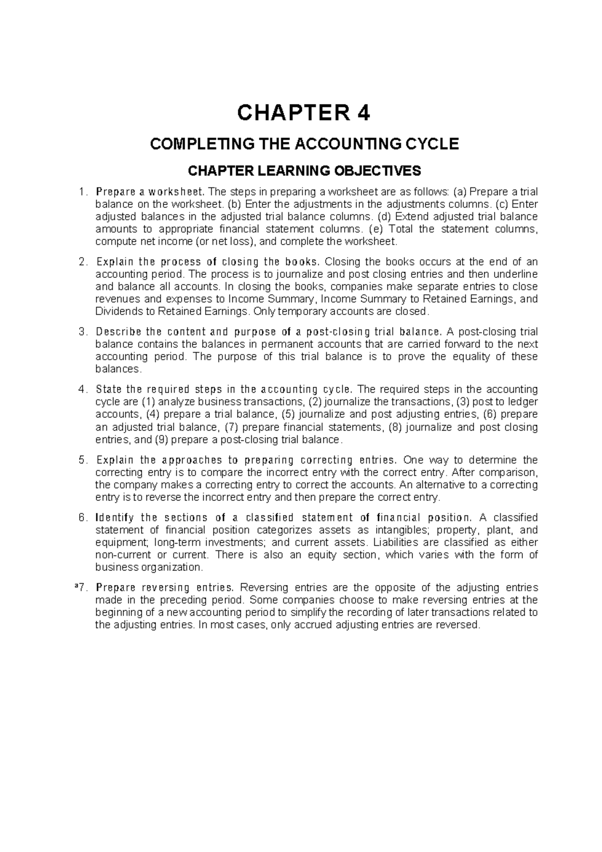 CHAPTER 4: COMPLETING THE ACCOUNTING CYCLE - LEARNING OBJECTIVES - Studocu