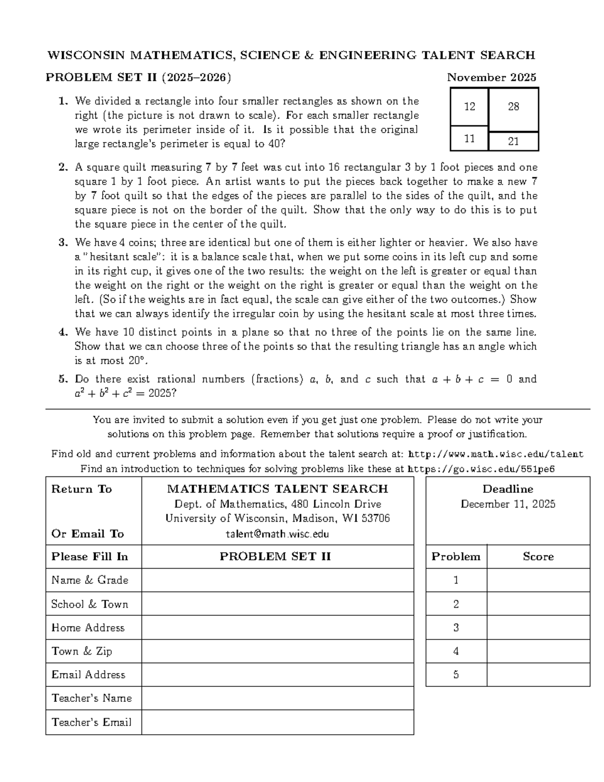 WISCONSIN MATHEMATICS TALENT SEARCH PROBLEM SET II - Nov 2025 - Studocu