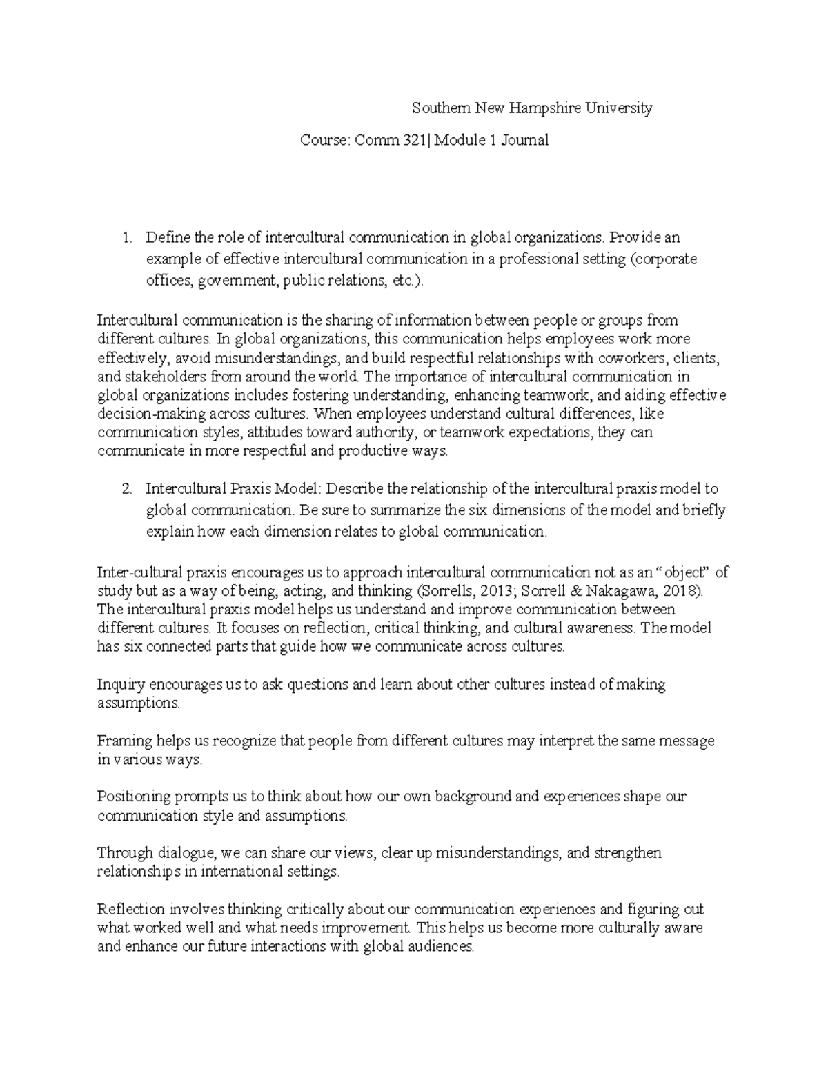 Com 321 Module 1 Journal: Intercultural Communication in Global ...
