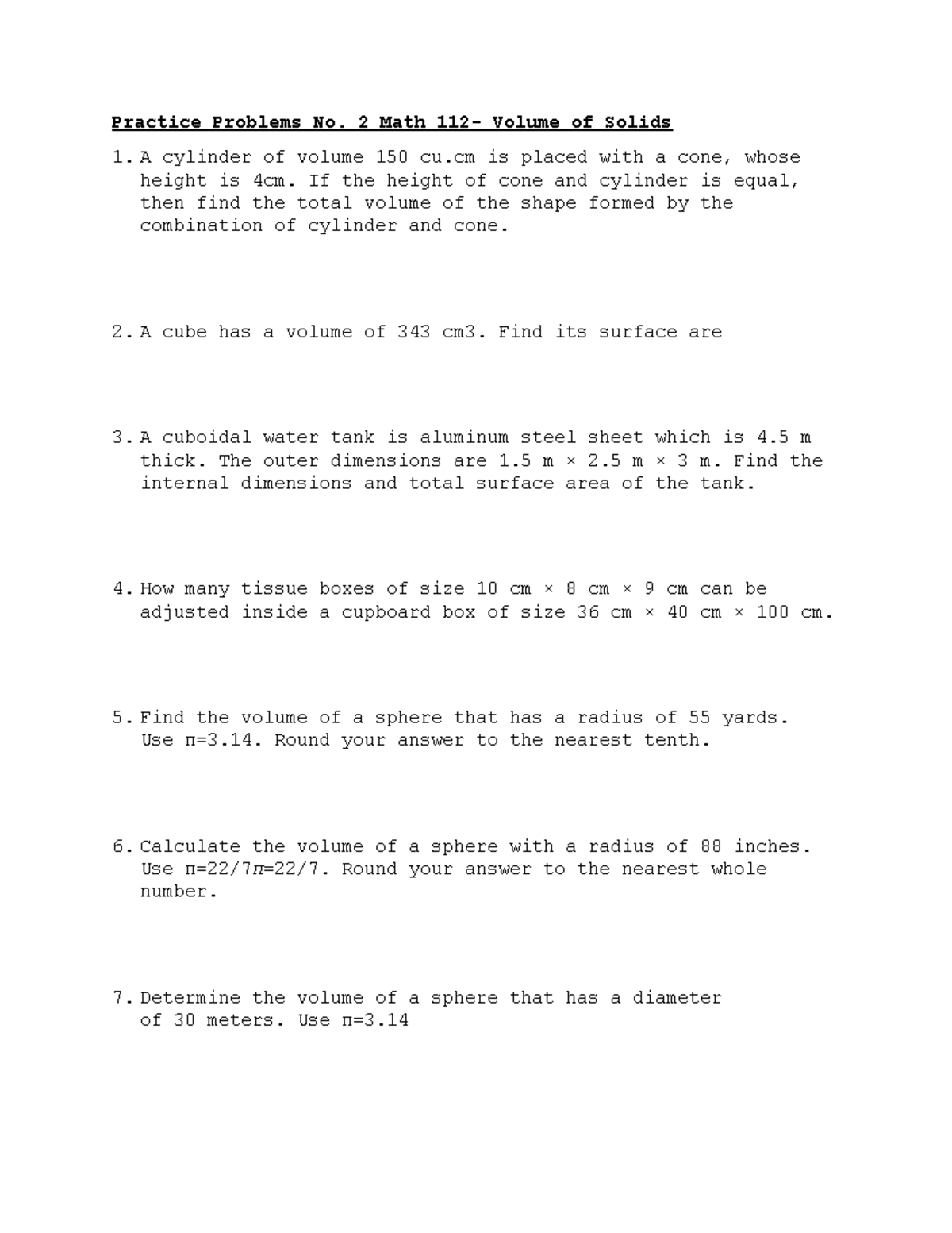 Practice Problems Math 112 Volumes of Solids - Practice Problems No. 2 ...