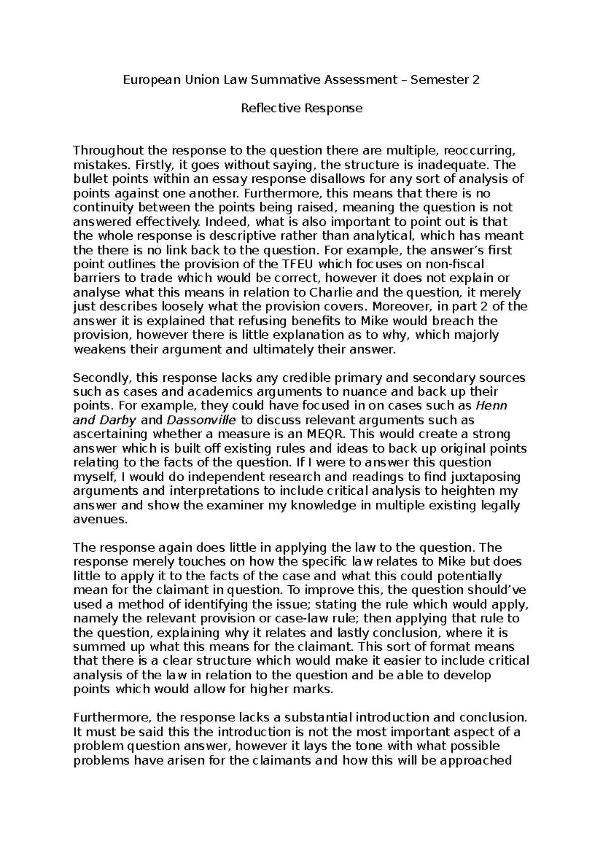 EU Law Summative Assessment Reflection: Analyzing Key Mistakes - Studocu