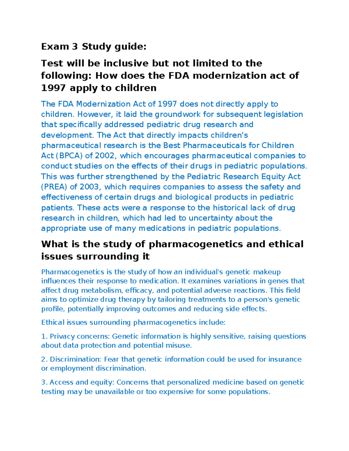 Exam 3 Study Guide: Key Concepts in Pharmacology & Ethics (PHAR 301 ...