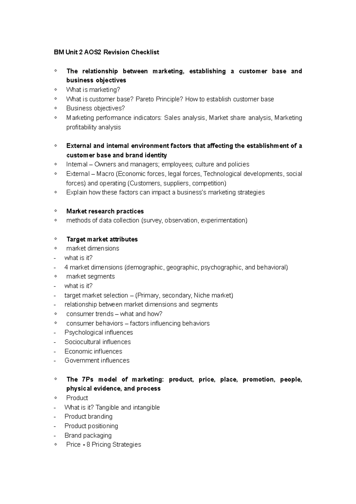 BM Unit 2 AOS2 Marketing Strategies Revision Checklist - Studocu