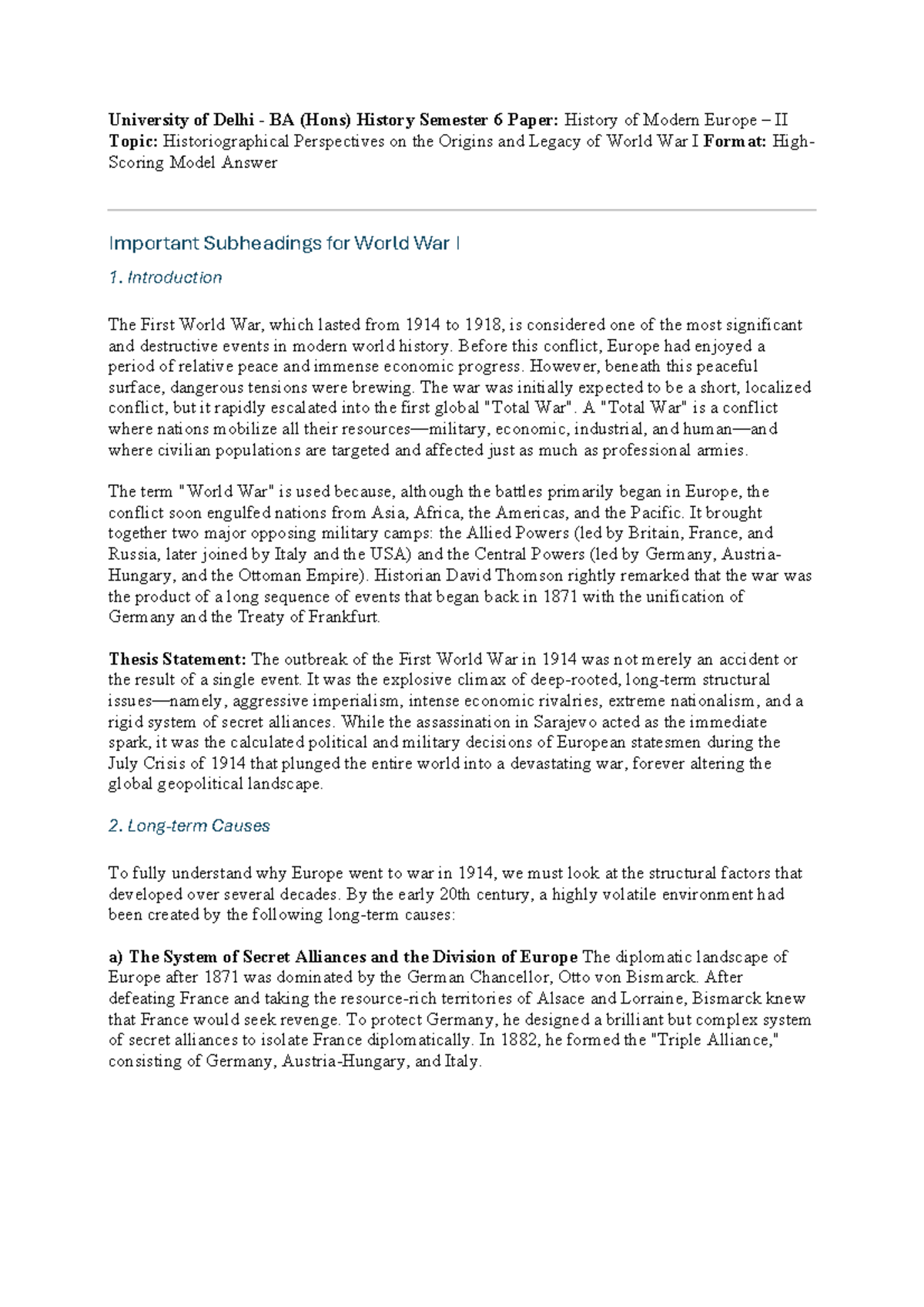BA (Hons) History Sem 6: Historiographical Perspectives on WWI - Studocu