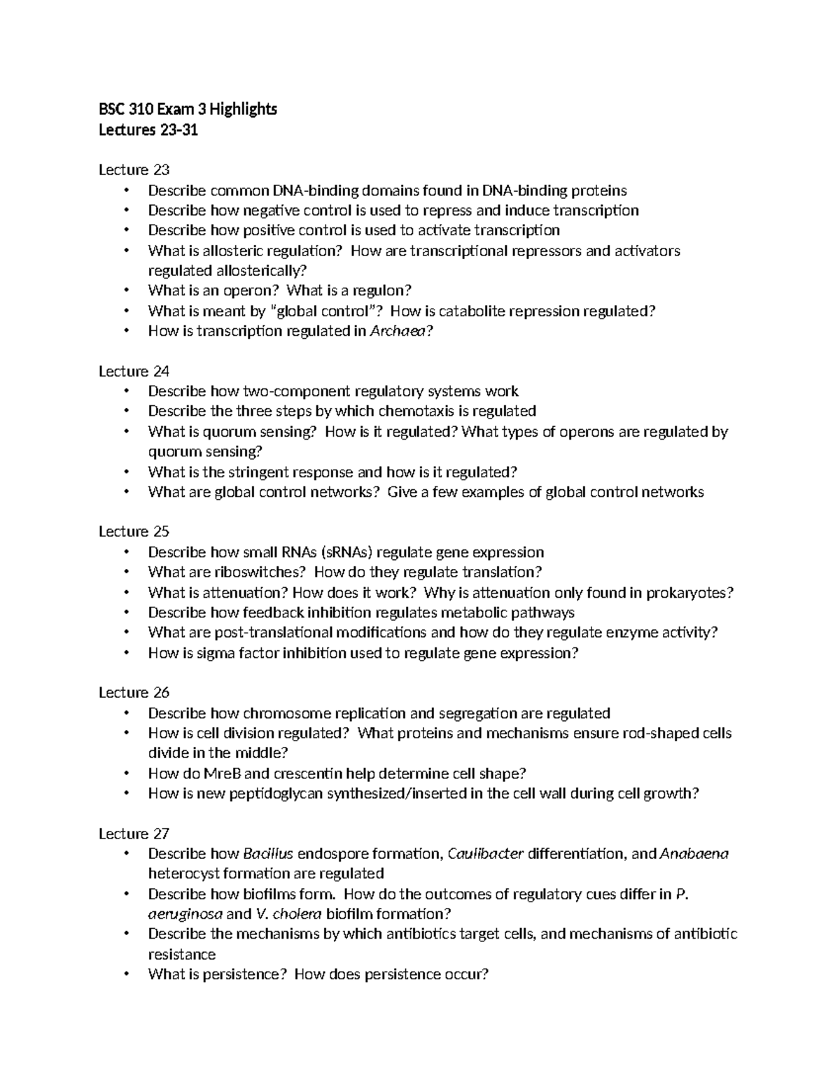 BSC 310 Exam 3 Highlights: Key Concepts from Lectures 23-27 - Studocu
