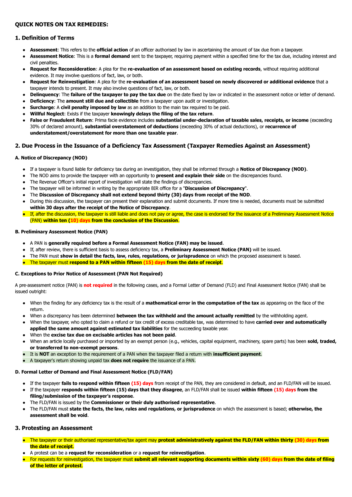 TAX REMEDIES QUICK NOTES: Definitions & Procedures for Assessment - Studocu
