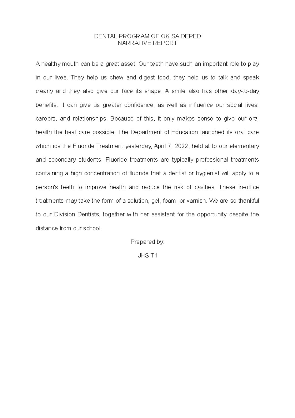 Dental - Copy - sample - DENTAL PROGRAM OF OK SA DEPED NARRATIVE REPORT ...