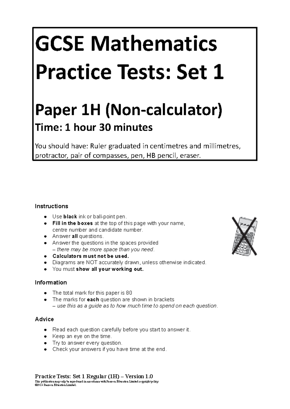 GCSE Maths Practice Test: Set 1 Paper 1H (1.5 Hours) - Studocu