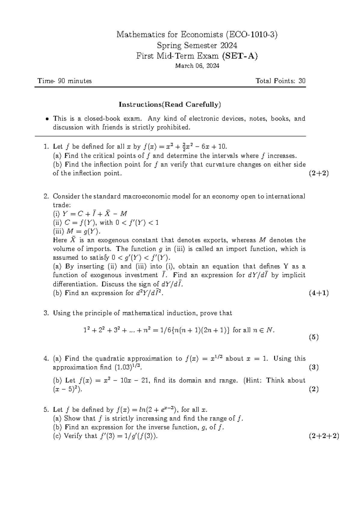MME-2 - Mathematics for Economists First Midterm Exam (Spring 2024 ...