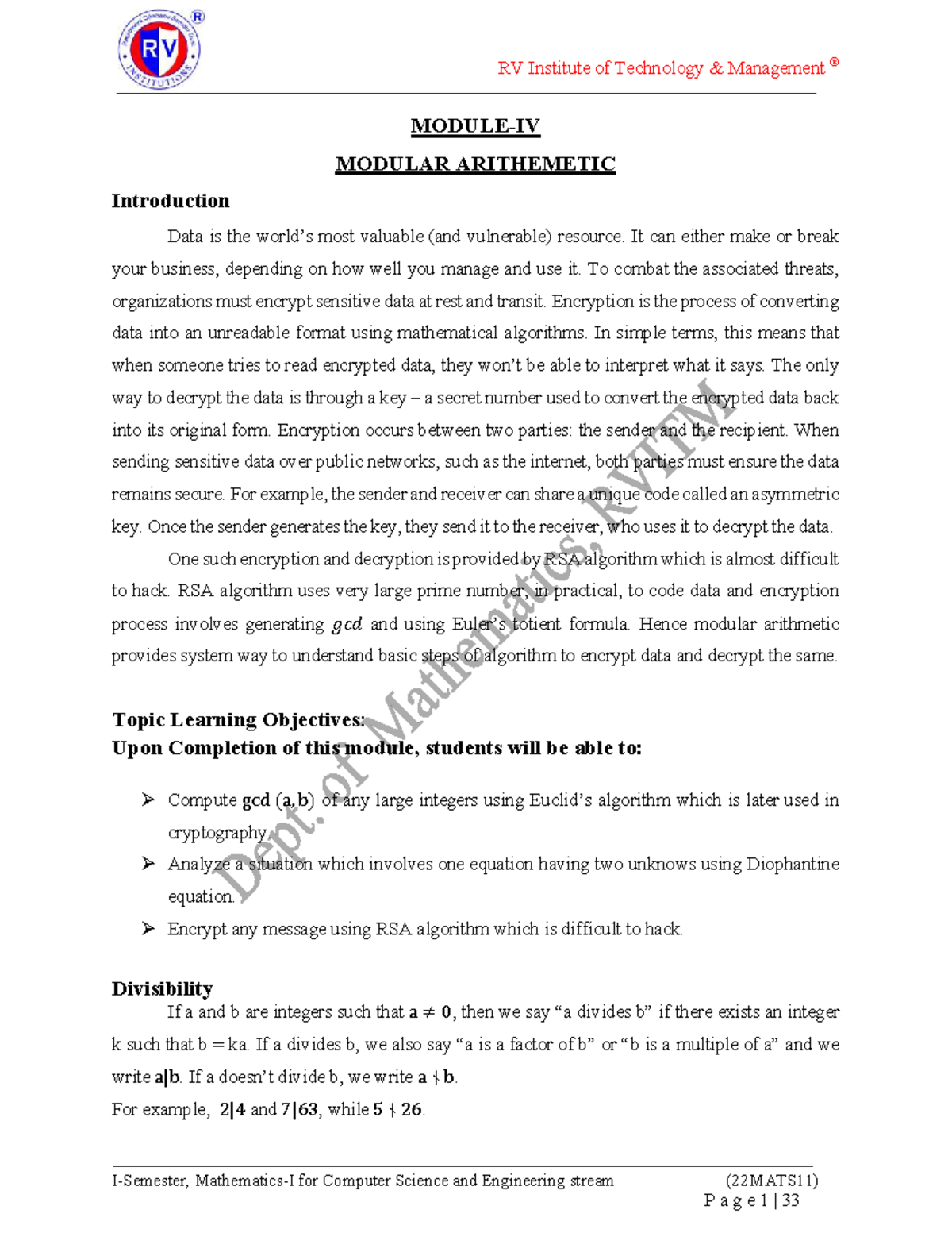 Modular Arithmetic and RSA Algorithm for CSE (22MATS11) - Studocu