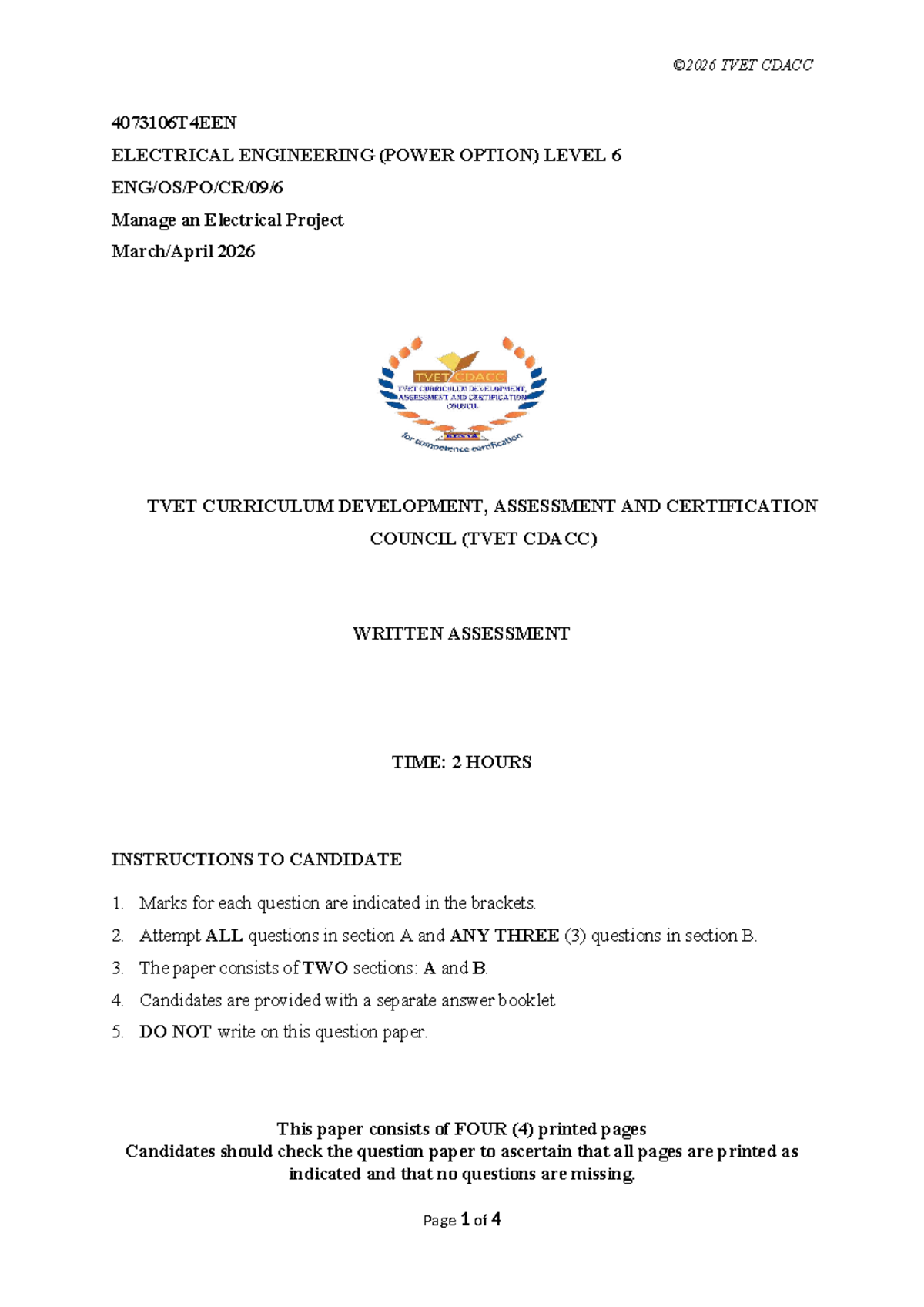 TVET CDACC 4073106T4EEN Level 6 Electrical Project Management Exam 2026 ...