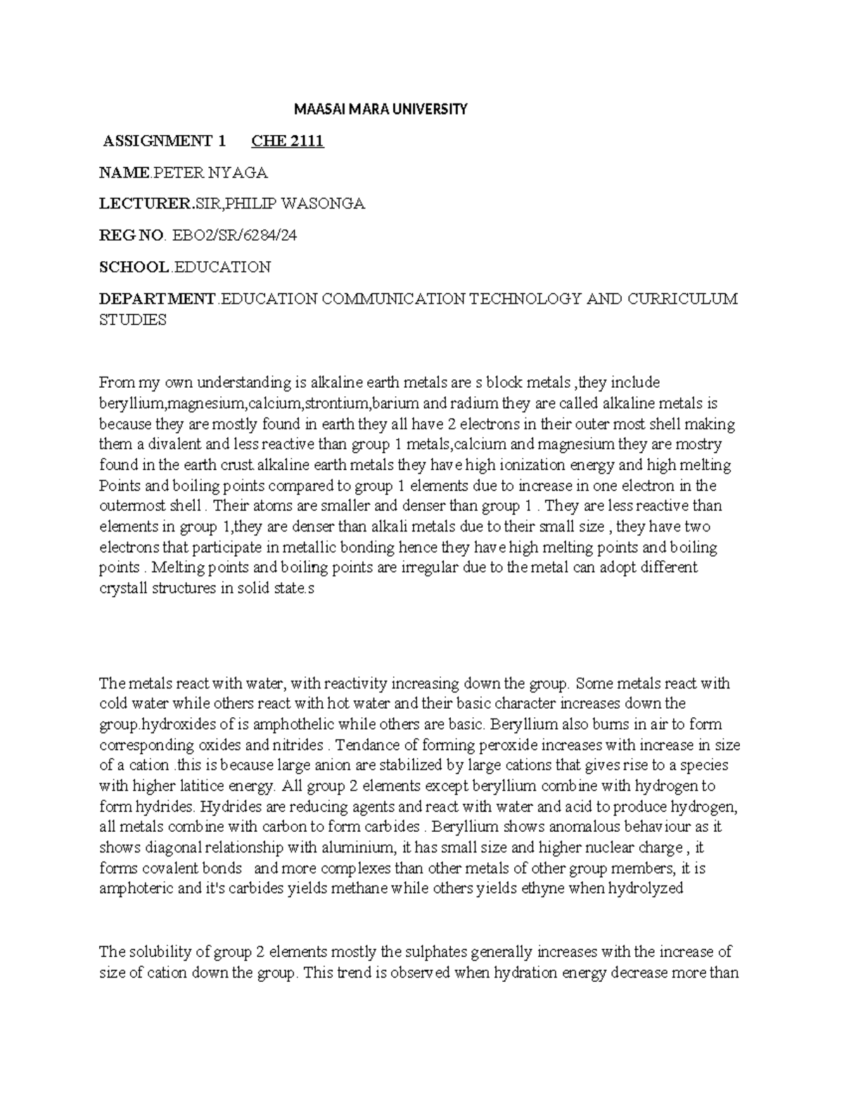 CHE 2111 Assignment 1: Understanding Alkaline Earth Metals - Studocu