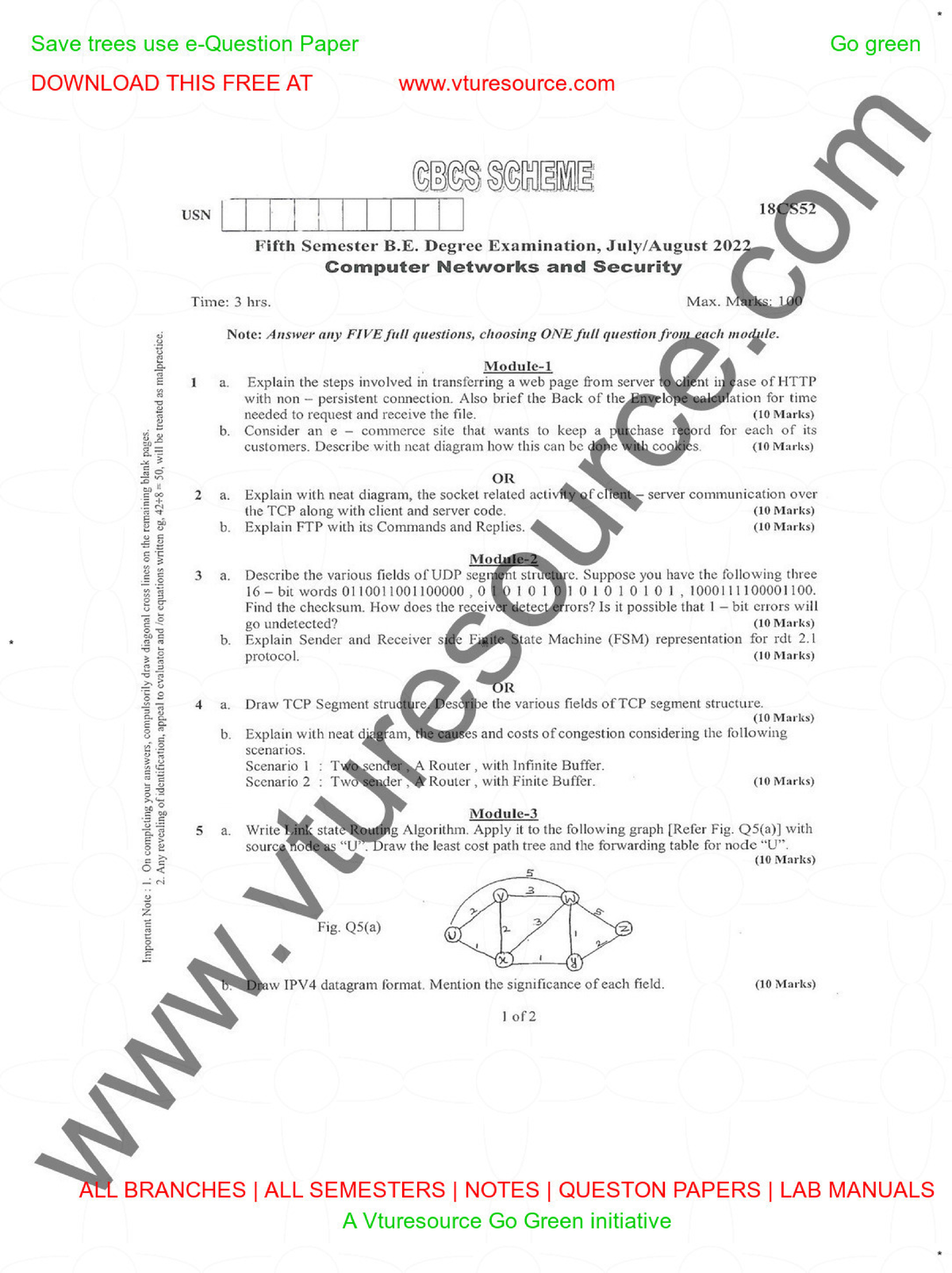 CBCS USN 18CS52 5th Sem B.E. Exam 2022: Computer Networks & Security ...