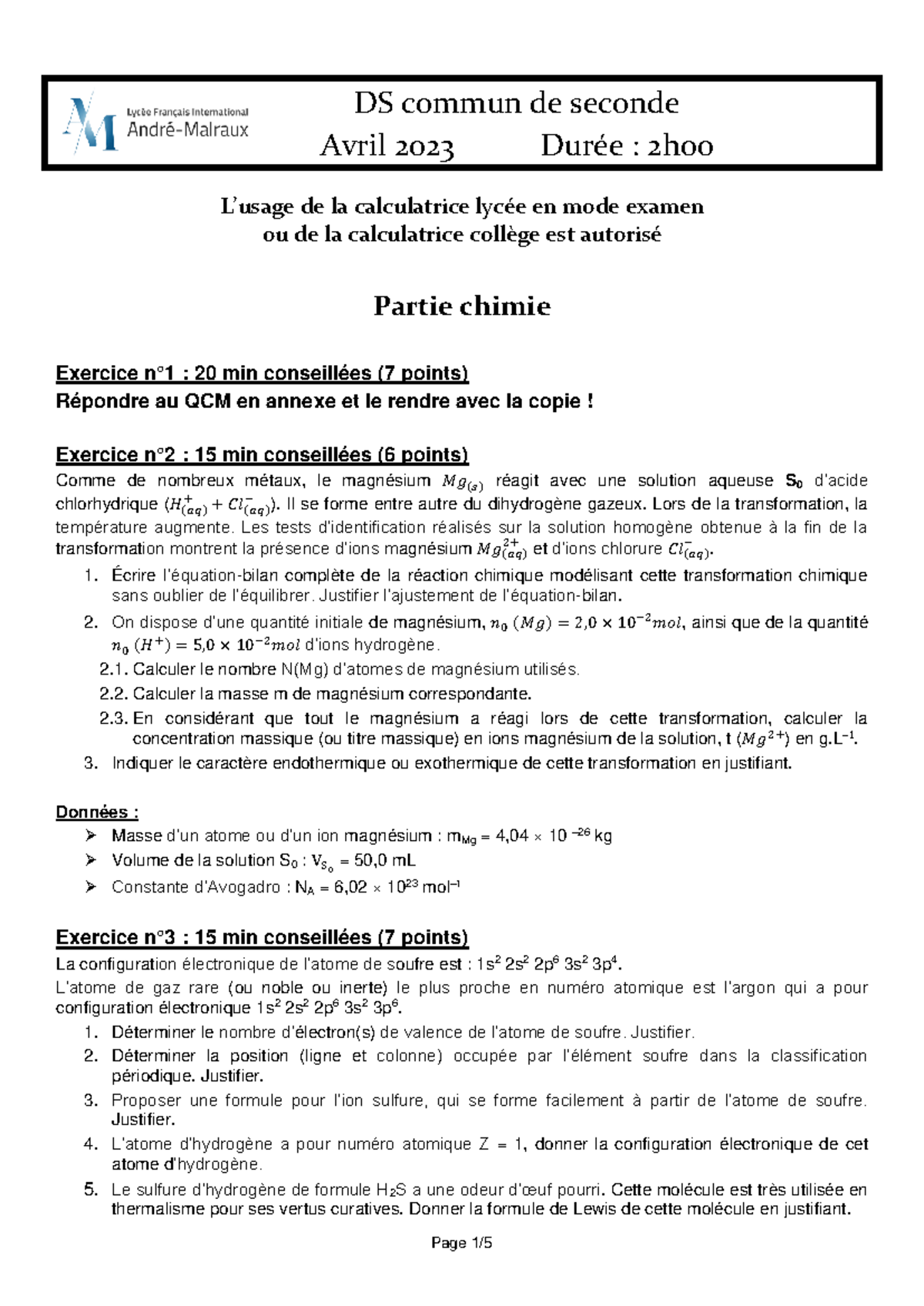 DScom 23 Examen Final - Chimie et Physique de Seconde, Avril 2023 - Studocu