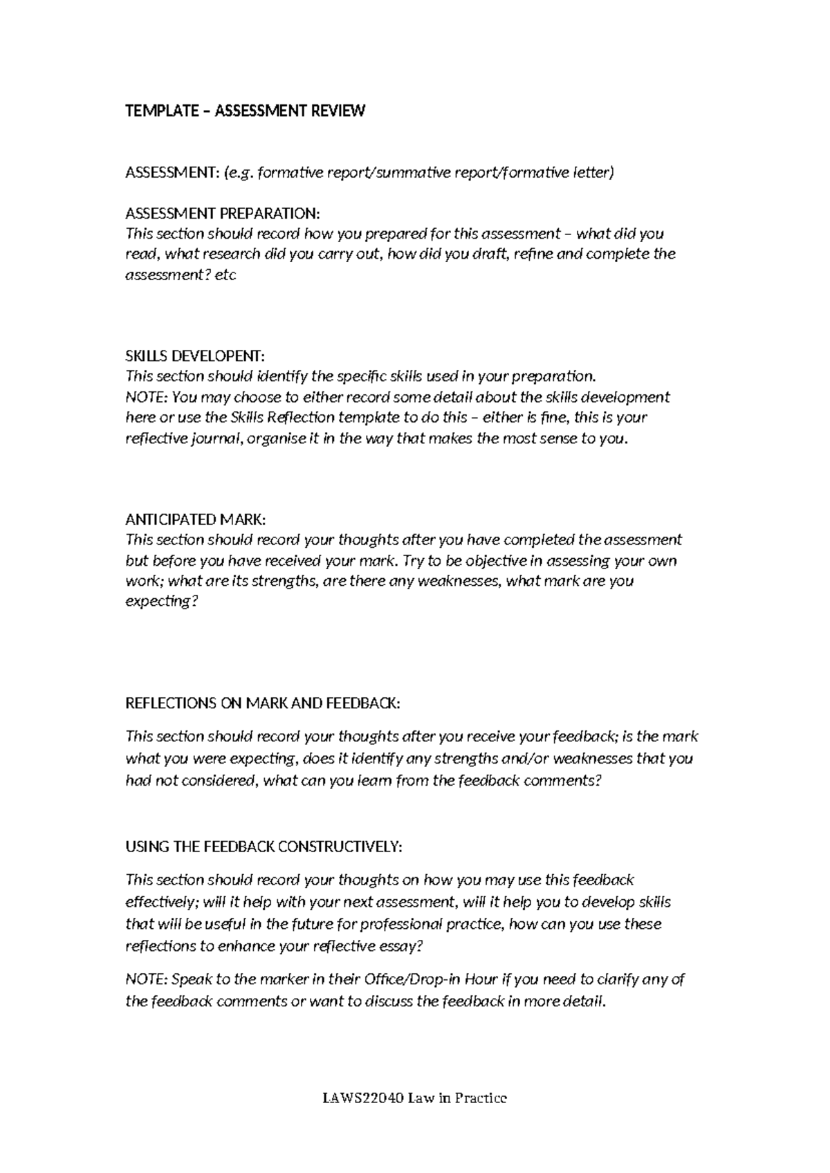 LAWS22040 Assessment Review Template: Skills, Reflection & Feedback ...