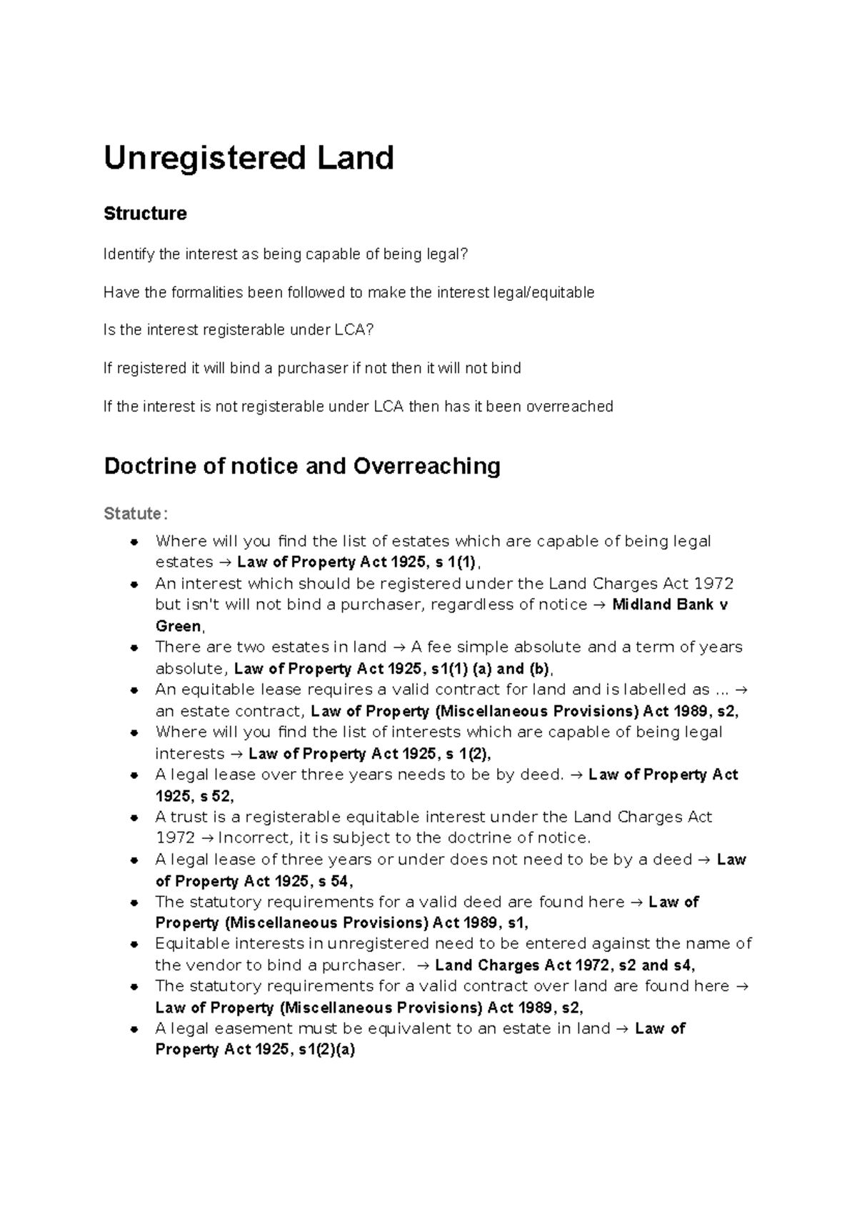 Property II Notes: Legal and Equitable Interests in Unregistered Land ...