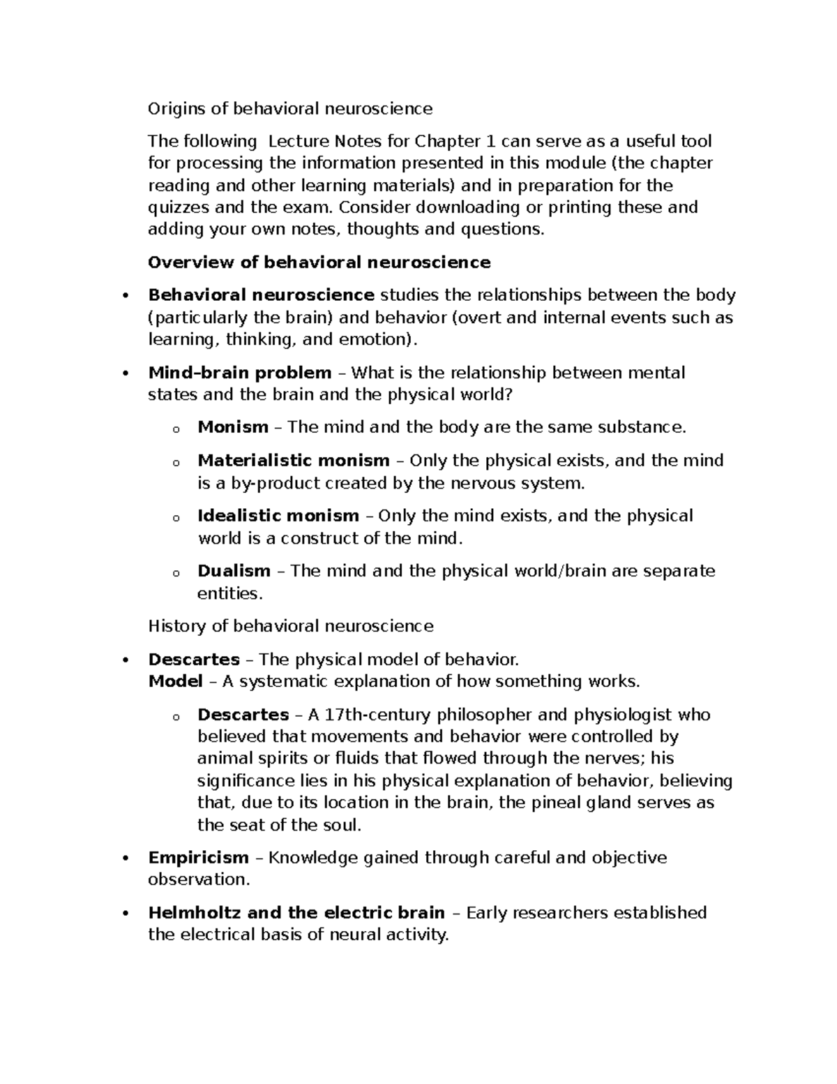 Lecture Notes for Chapter 1: Origins of Behavioral Neuroscience - Studocu