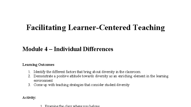 Facilitating Learner-Centered Teaching: Module 4 on Individual ...