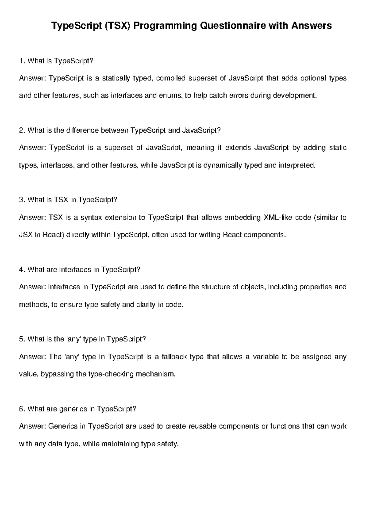 TypeScript (TSX) Programming Questionnaire & Answers Guide - Studocu