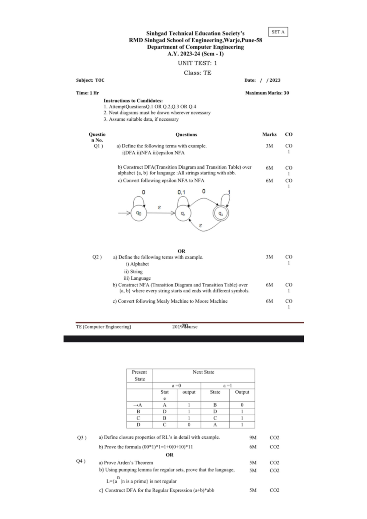TOC Unit Test 1 - TE Computer Engineering (SET A) 2023 - Studocu