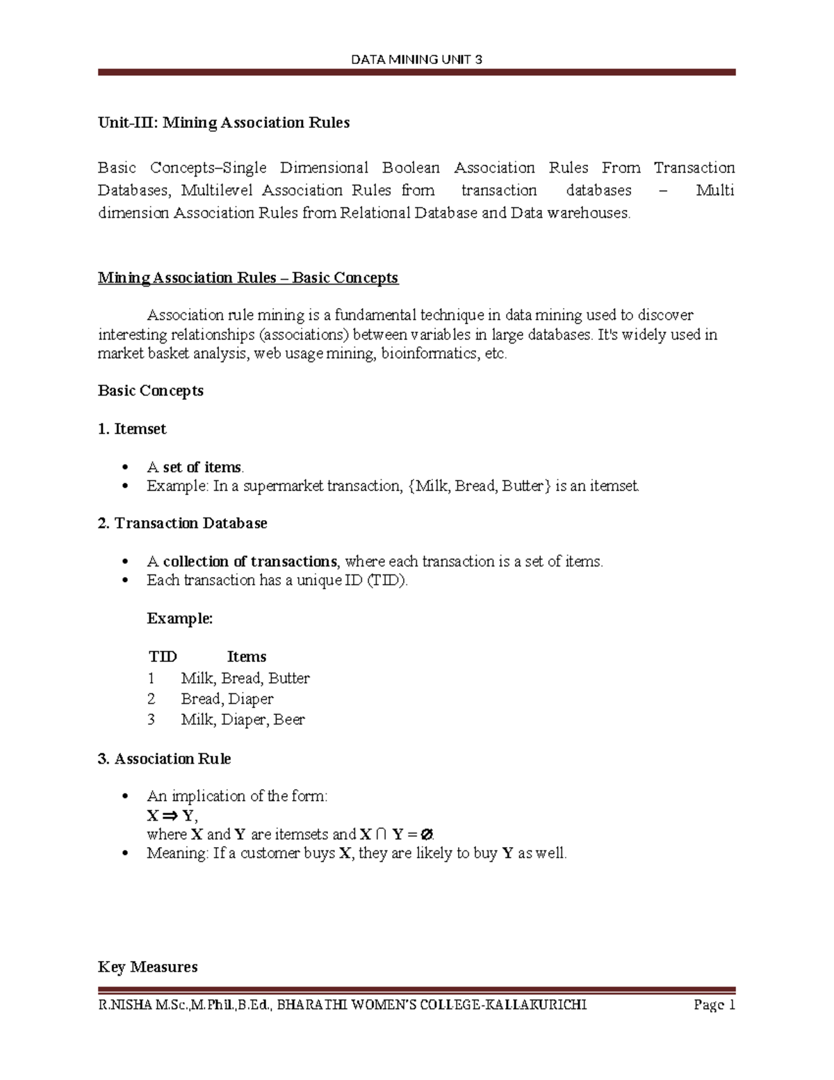 DATA MINING UNIT 3: Mining Association Rules & Concepts - Studocu