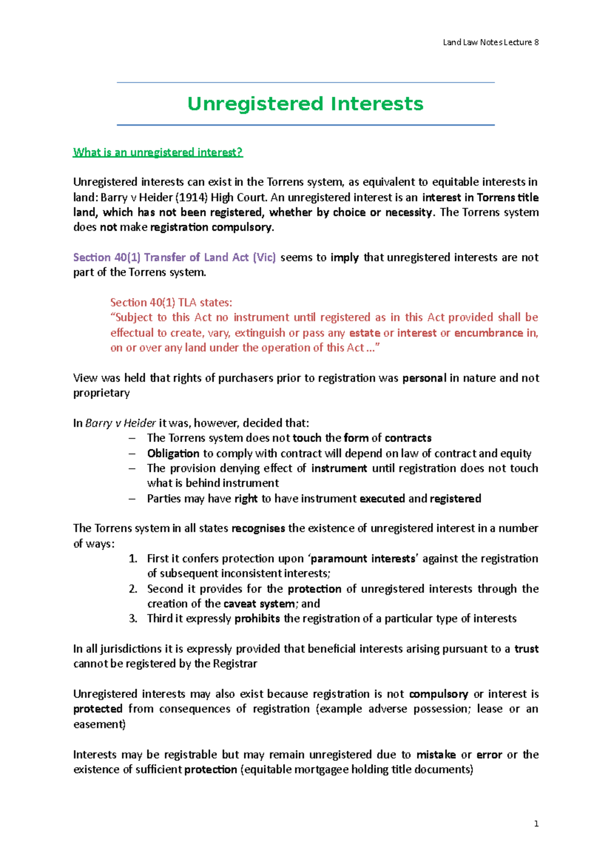 Lecture Notes 8 - Understanding Unregistered Interests in Torrens ...