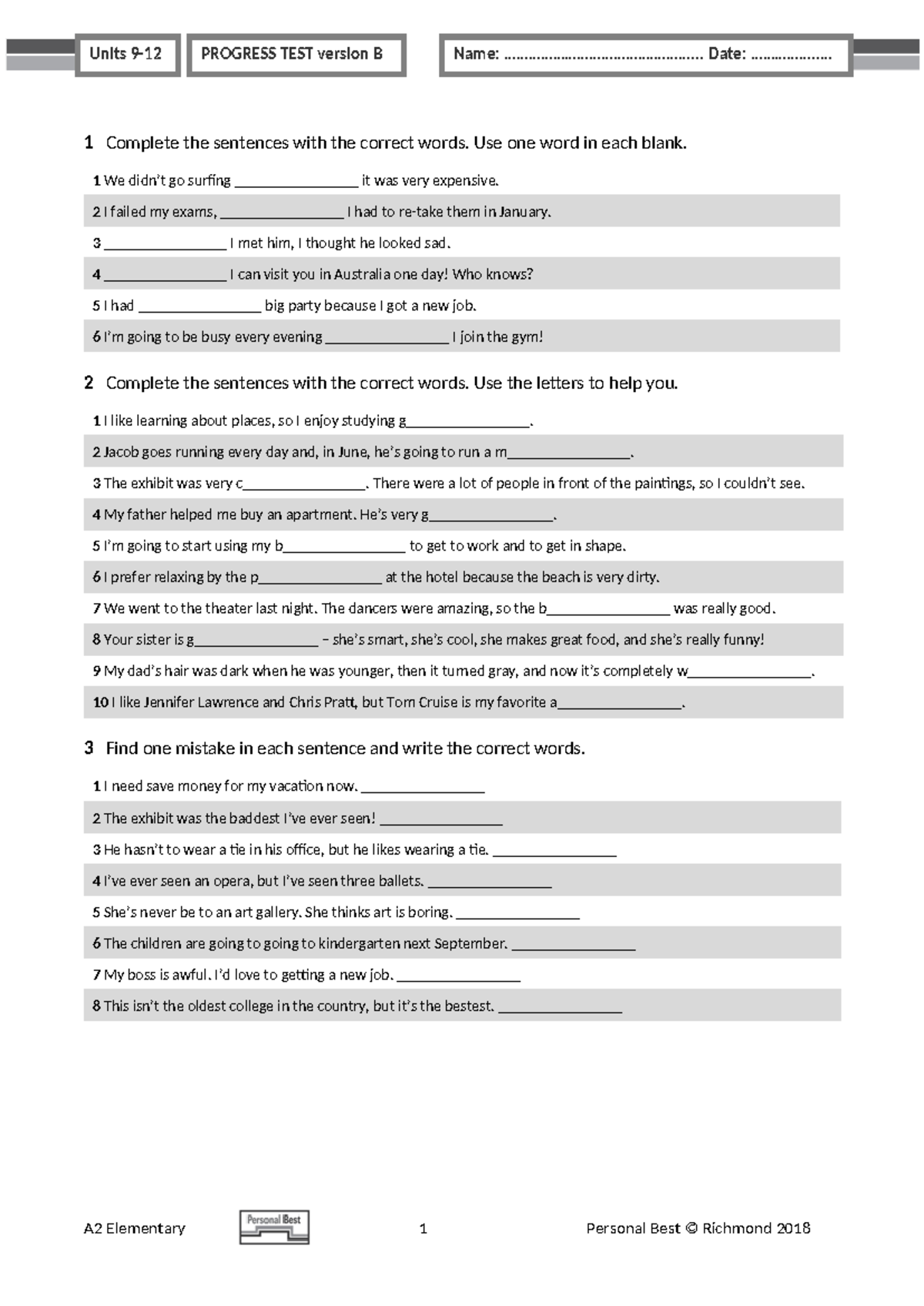 PB Am E A2 Term Test Units 9-12 Version B Progress Test - Document Preview