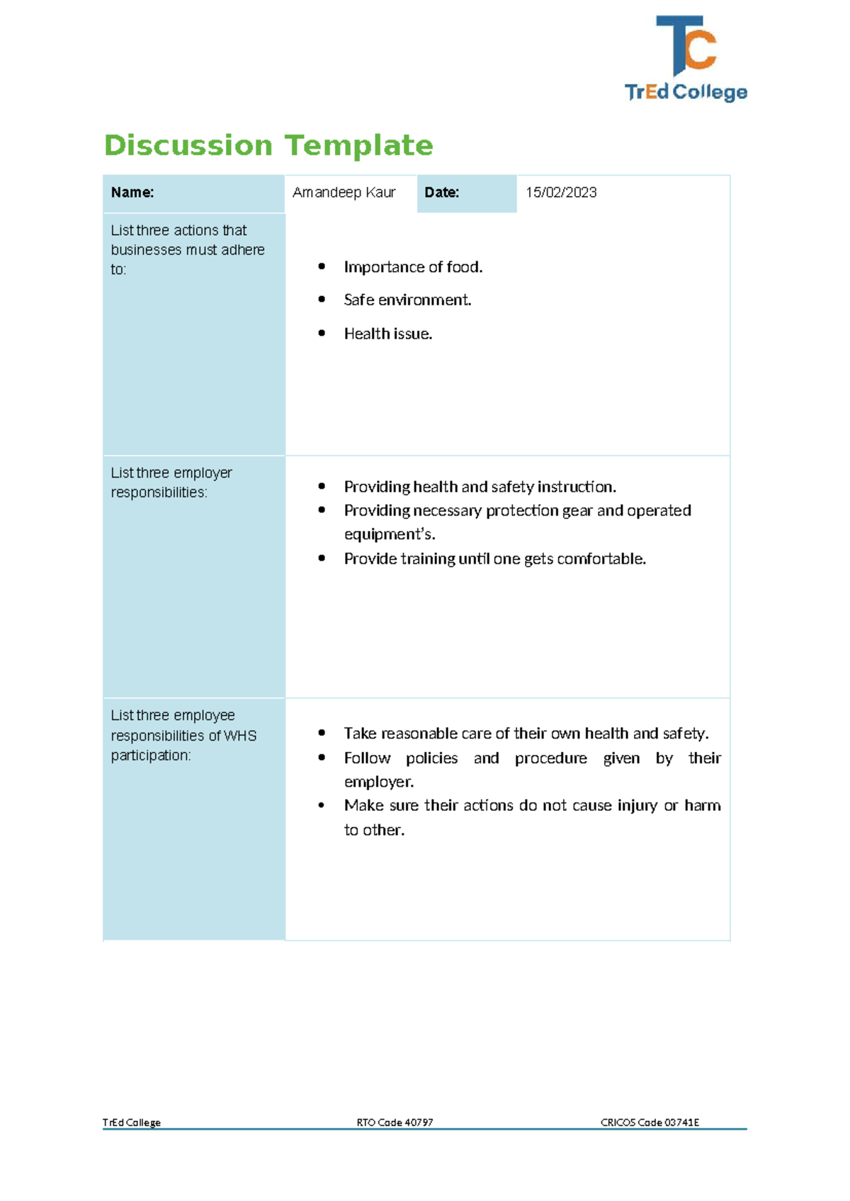 Sitxwhs 005 Discussion Template: WHS Responsibilities & Safety ...