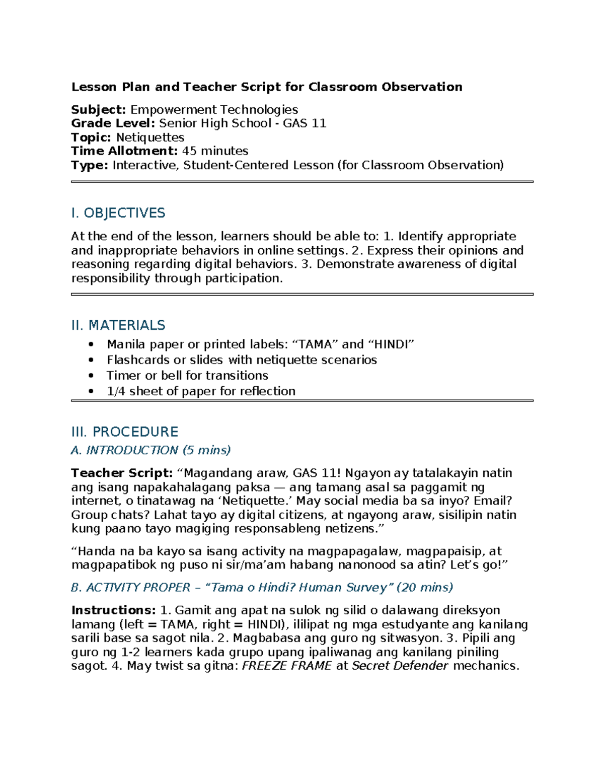 Netiquette Lesson Plan for GAS 11 Classroom Observation - Studocu