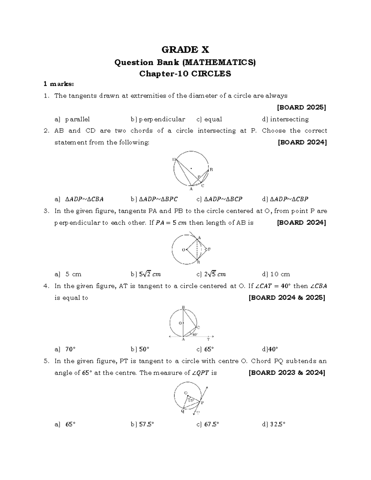 GRADE X Mathematics Question Bank: Circles (1 Mark & 2 Marks) - Studocu