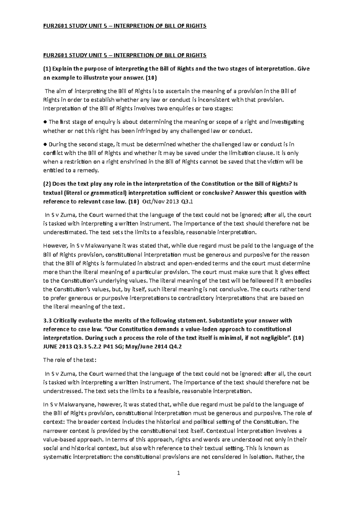 FUR2601 Study Unit 5: Interpreting the Bill of Rights Explained - Studocu
