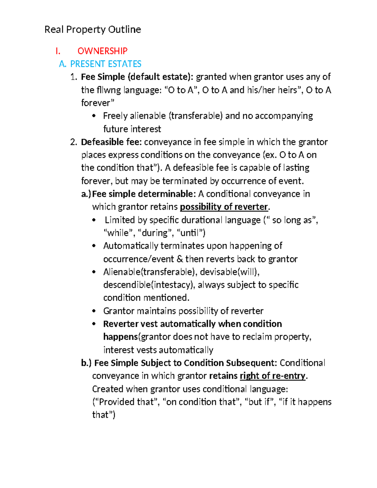 Property BAR Outline - I. OWNERSHIP A. PRESENT ESTATES Fee Simple ...