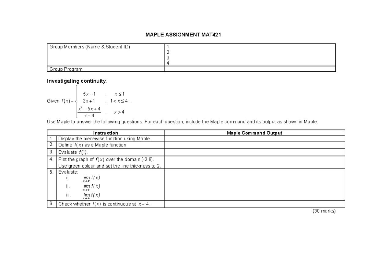 MAPLE ASSIGNMENT MAT421: Investigating Continuity in Functions - Studocu