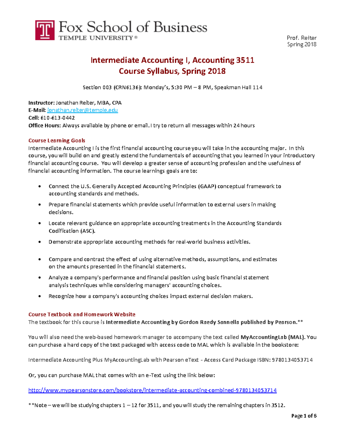 Intermediate Accounting I 3511 Syllabus - Spring 2018 Edition - Studocu