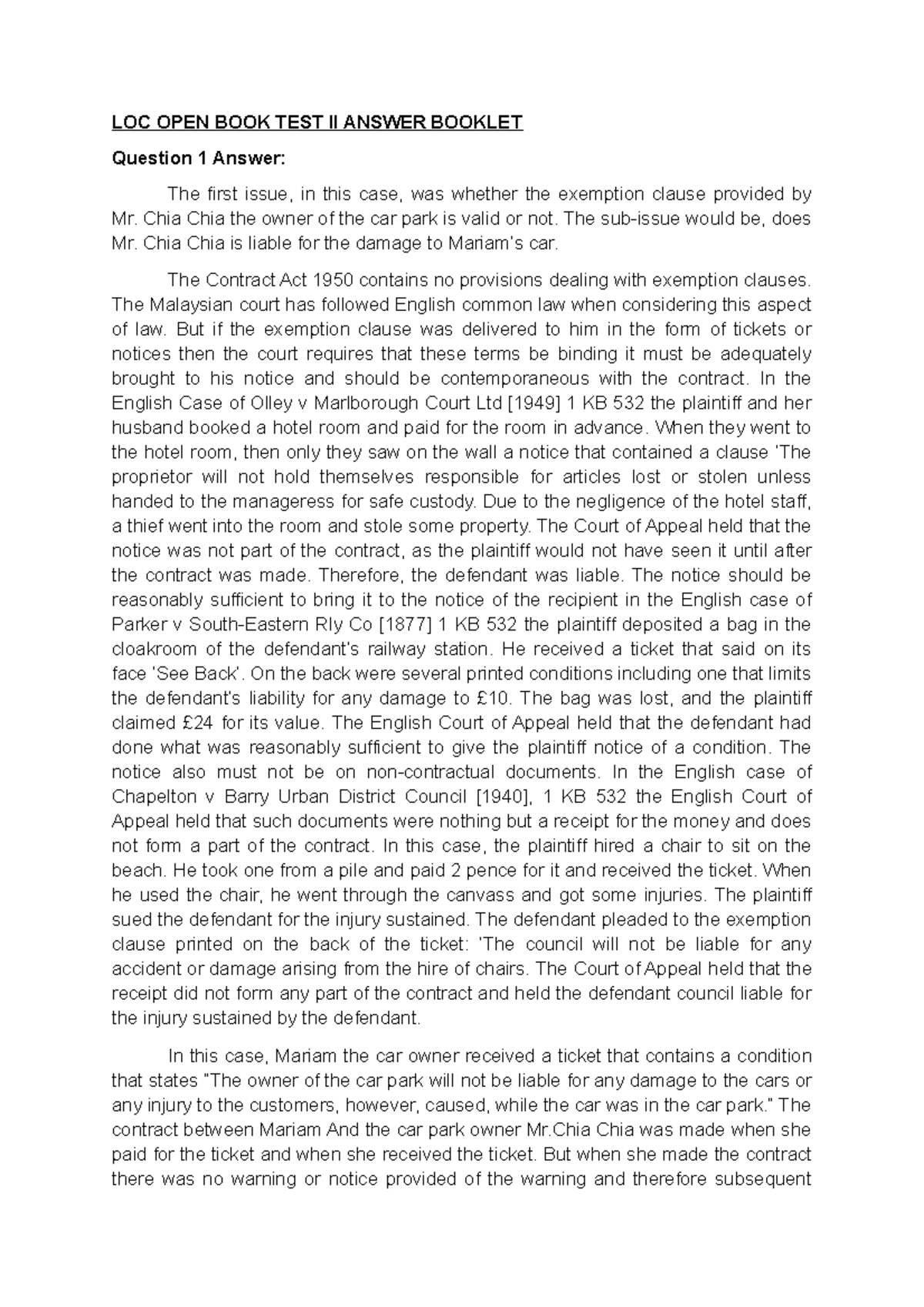 LOC OBT II Answer Booklet: Liability & Exemption Clause Analysis - Studocu
