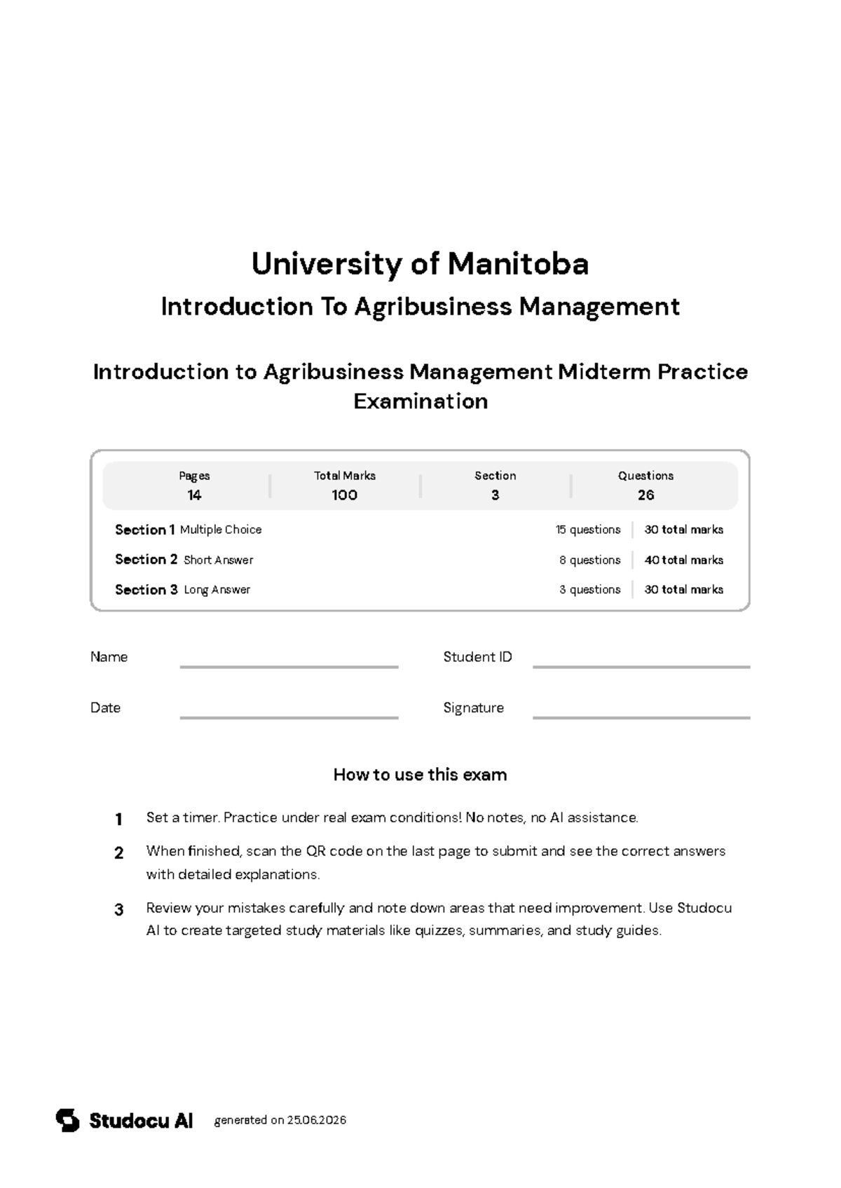 Introduction to Agribusiness Management Midterm Practice Exam - Studocu