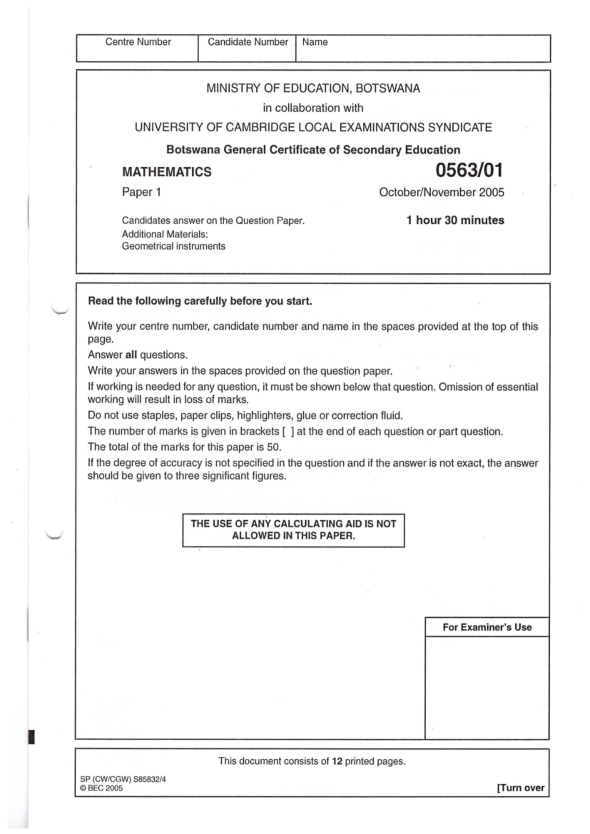 Bgcse Maths PP1 2005 - Comprehensive Revision Guide for Paper 1 - Studocu