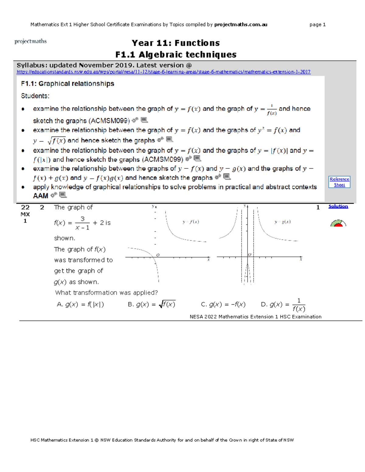 Year 11 Mathematics Ext 1 Functions HSC Exam Solutions (2016-2022 ...