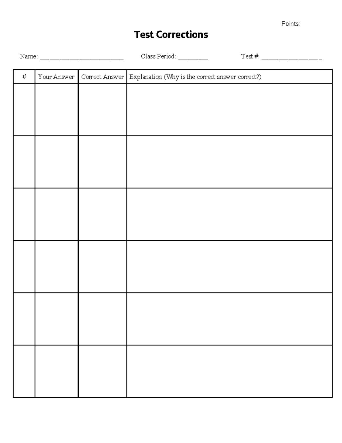 Test Corrections Template - Points: Test Corrections Name ...