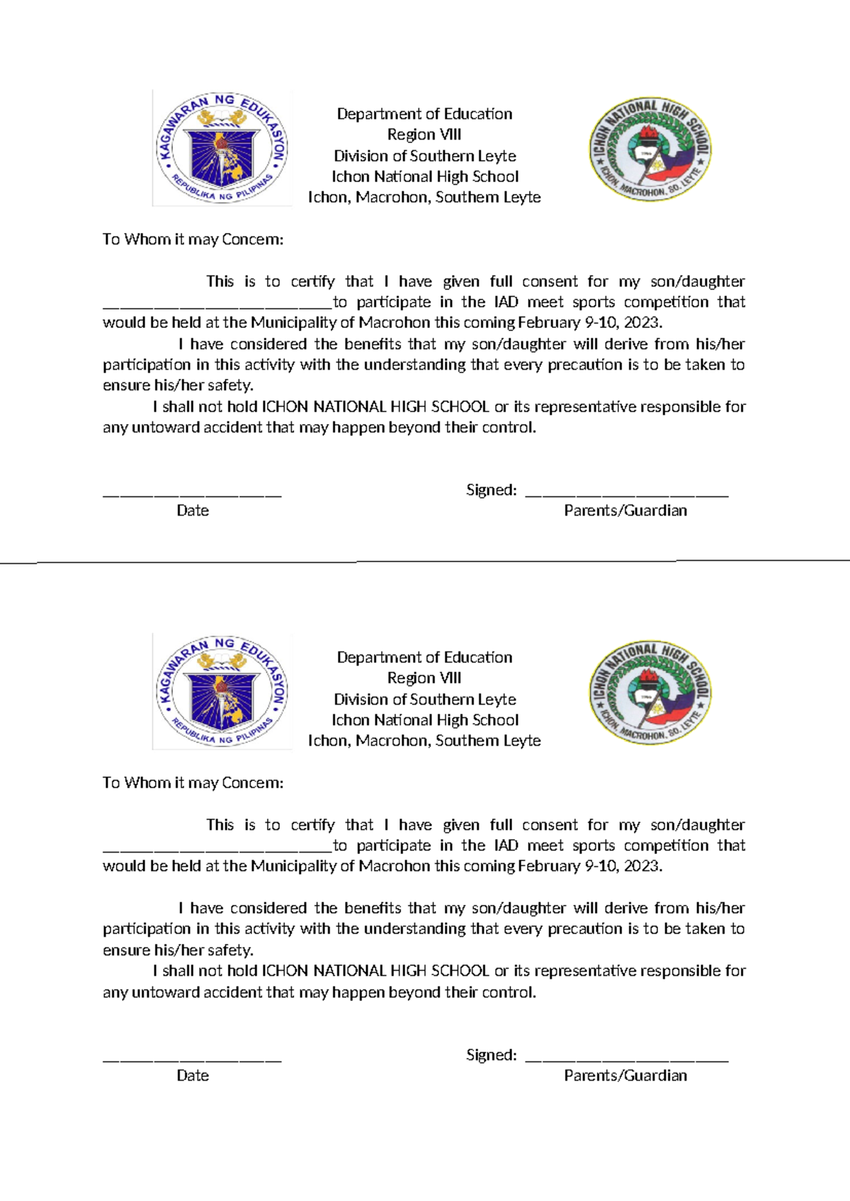Parents' Consent Form for IAD Meet Sports Competition - Studocu